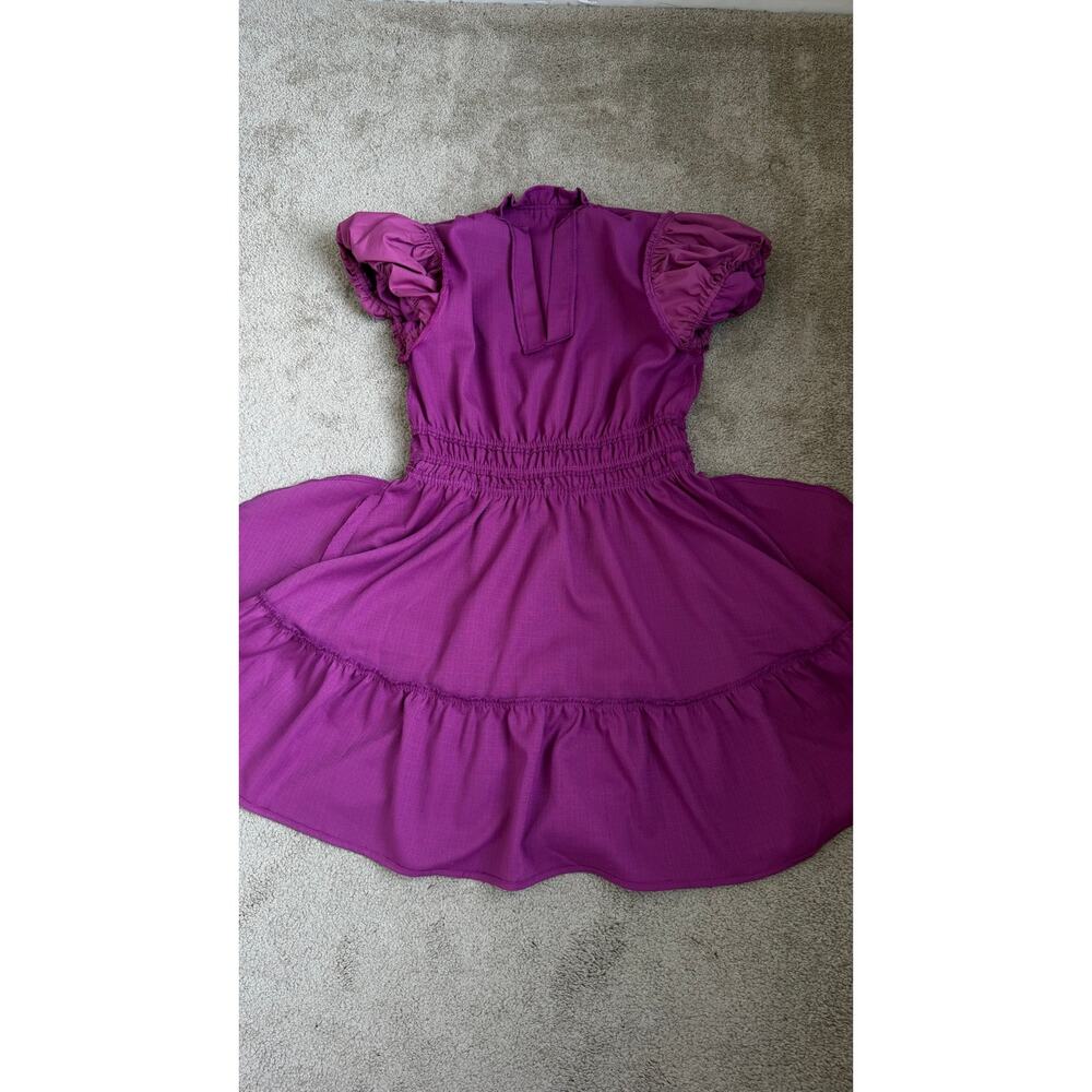 Entro Women’s Purple Puff Sleeve Smocked Mini Dress Size S Tiered V-Neck - Picture 11 of 11